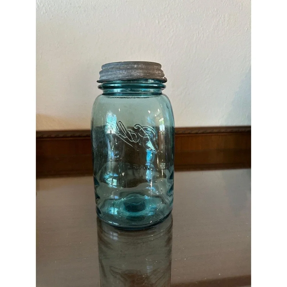 Antique Ball Mason Blue Quart Jar Zinc Lid Wavy Glass Air Bubbles Aqua #6
